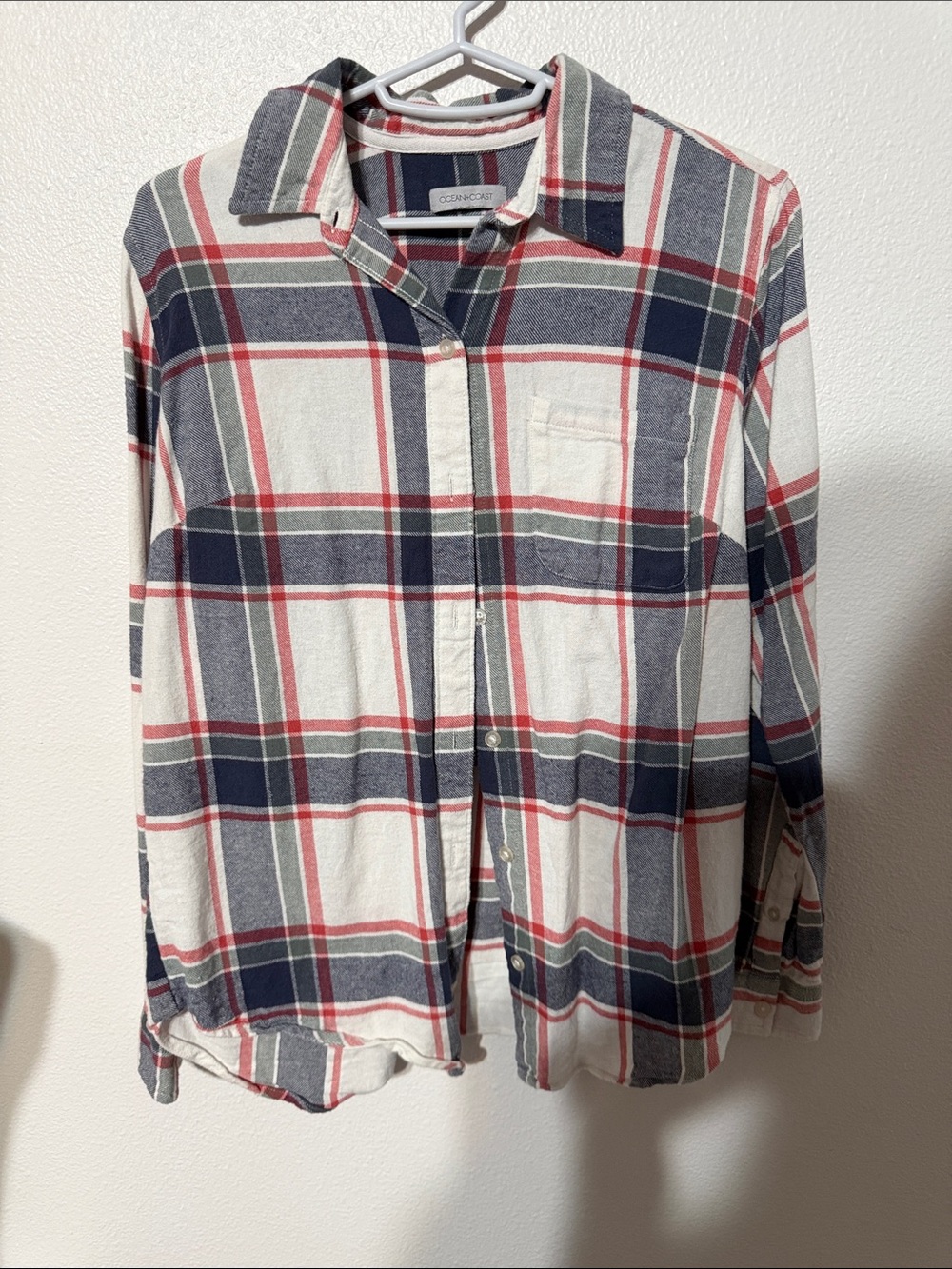 Women’s Plaid Button-Down Shirt in Navy, Red and White
